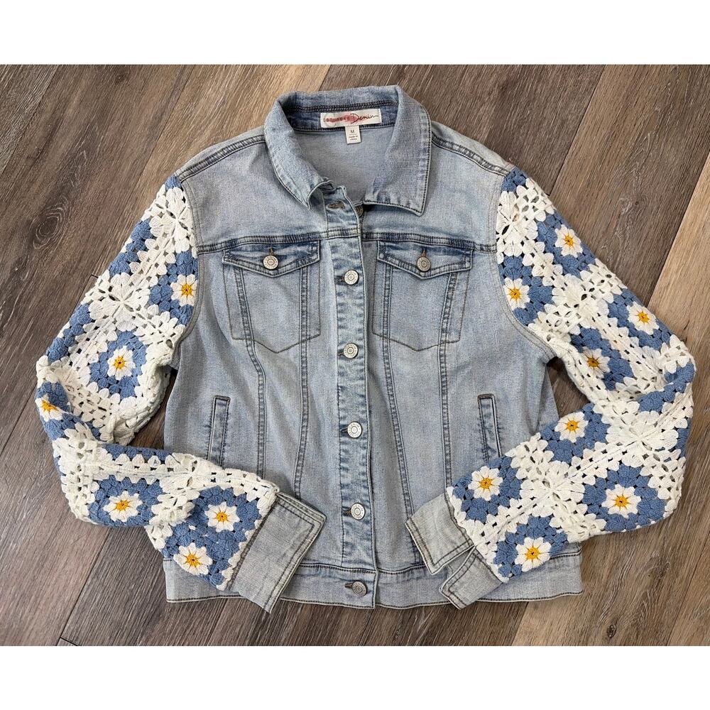Denim Jacket with White & Blue Crochet Sleeves
